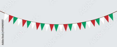 Green, white and red flag garland. Triangle pennants chain. Party decoration. Celebration flags for decor. Vector illustration