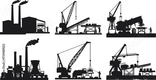 Industrial factory silhouette vector set, manufacturing plant icons, conveyor belt system, smokestacks with smoke, storage tanks, heavy industry, machinery structures, production facility illustration