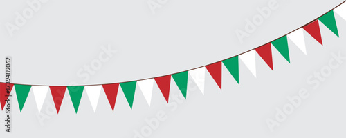 Green, white and red flag garland. Triangle pennants chain. Party decoration. Celebration flags for decor. Vector illustration