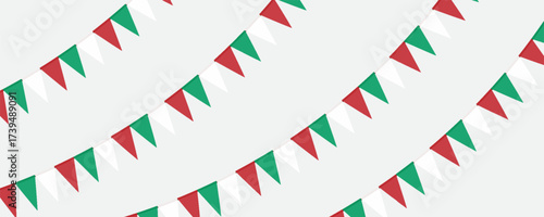 Green, white and red flag garland. Triangle pennants chain. Party decoration. Celebration flags for decor. Vector illustration