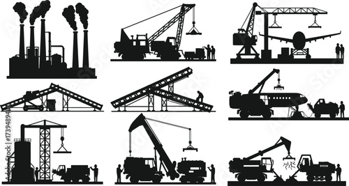 Industrial factory silhouette vector set, construction crane icons, conveyor belt system, smokestacks with smoke, heavy machinery, airport logistics, oil industry, production facility illustration