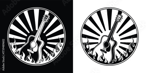 Acoustic guitar with flames and sunburst emblem, black and white illustration, folk music symbol, isolated on white background