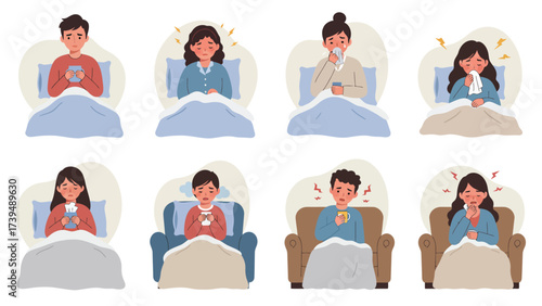 Sickness Symptoms And Home Care: People Feeling Unwell With Colds, Flu, Headaches, And Coughs Resting