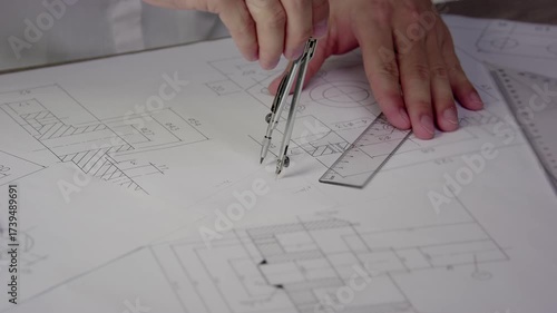 Architect hands drawing technical blueprints with compass and ruler tools on engineering plans
