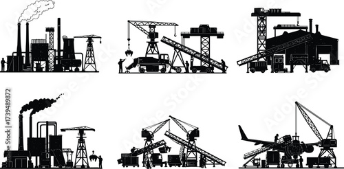 Industrial factory silhouette vector set, construction crane icons, conveyor belt system, smokestacks with smoke, heavy machinery, logistics operations, production facility illustration