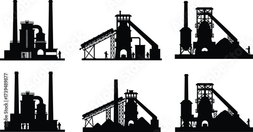 Industrial factory silhouette, manufacturing plant vector, refinery building illustration, power plant design, heavy industry architecture, warehouse structure, machinery facility, production site