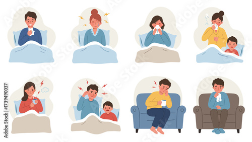 Illustrations of Common Illness Symptoms: Cold, Flu, Headache, and Fever
