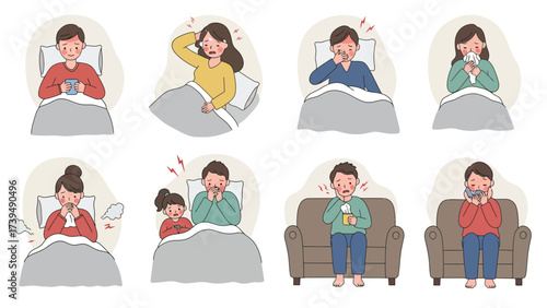 Common Illness Symptoms Vector Set - People Suffering From Cold, Flu, Headache, Toothache, And Sore Throat