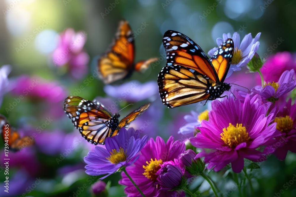 Naklejka premium Monarch butterflies flutter among colorful flowers in a vibrant garden setting