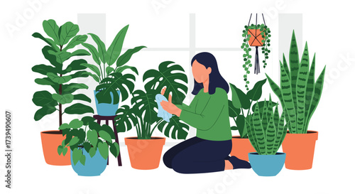 Woman watering houseplants in a bright room with many potted plants.