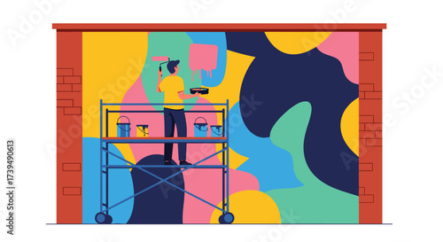 Artist painting a colorful abstract mural on a brick wall using scaffolding.