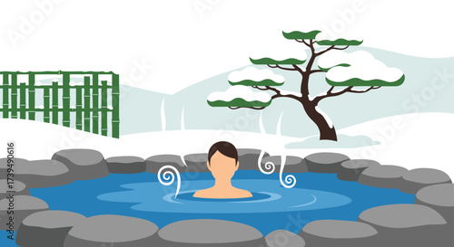 Person relaxing in a steaming outdoor hot spring bath in winter.