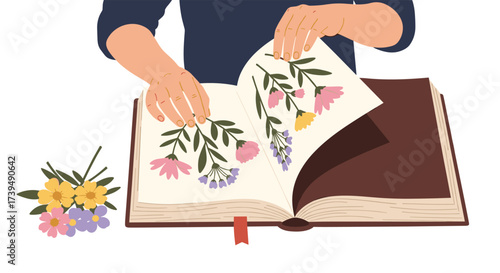 Person pressing flowers in a book illustration.