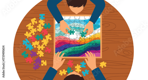 Two people assembling a colorful jigsaw puzzle on a round wooden table.