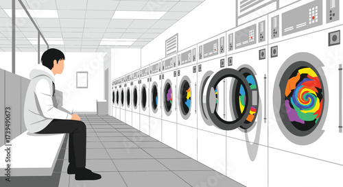 Young man sitting in laundromat watching colorful clothes spin in washing machine.