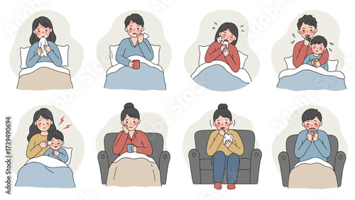 People Suffering From Cold And Flu Symptoms Collection In Bed And On Sofa, Illness And Healthcare