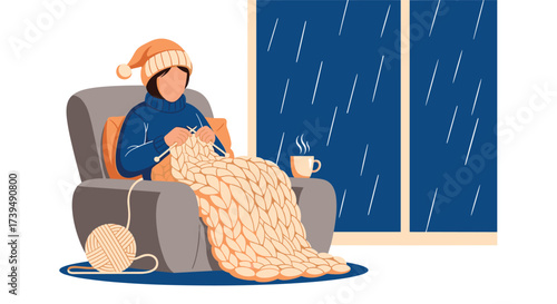 Woman knitting a warm blanket in a cozy armchair by the window on a rainy day.