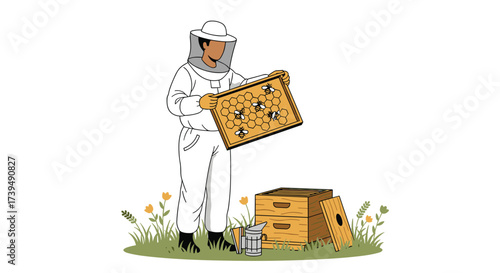 Beekeeper in protective suit holding honeycomb frame with bees near hive.
