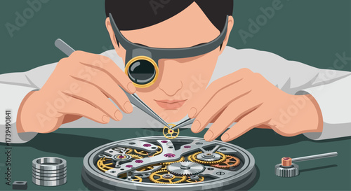 Watchmaker meticulously repairing a complex watch mechanism with tools.