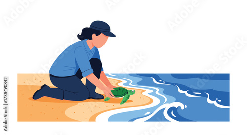 Person helping a sea turtle return to the ocean waves.