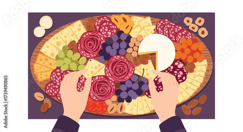 Hands reaching for a delicious charcuterie board filled with meats cheeses and fruits.