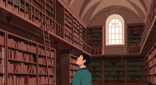 Man looking up in a grand library with tall bookshelves and a ladder.