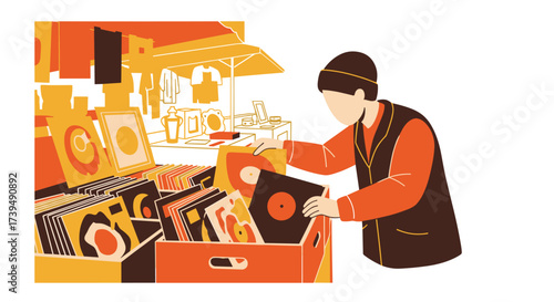 Man browsing vinyl records at an outdoor market stall.