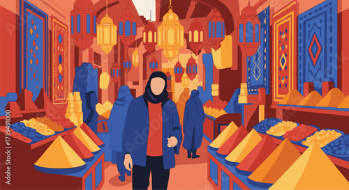 A woman stands in a vibrant spice market with colorful displays.