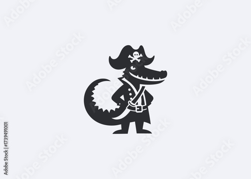 A simple minimalist silhouette logo of a crocodile in pirate outfit, symbolizing adventure, strength, and boldness