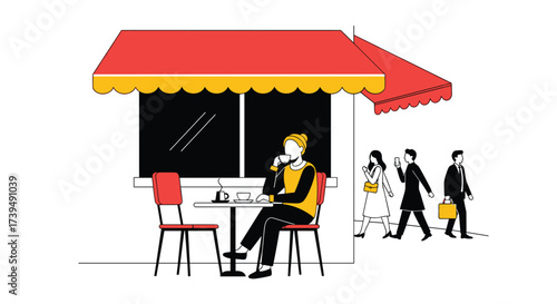 Man sitting at outdoor cafe enjoying coffee with people walking by.