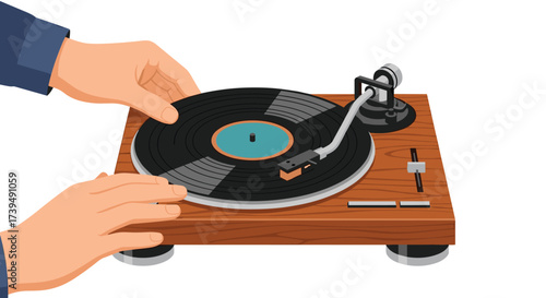 Hands placing vinyl record on wooden turntable for music playback.