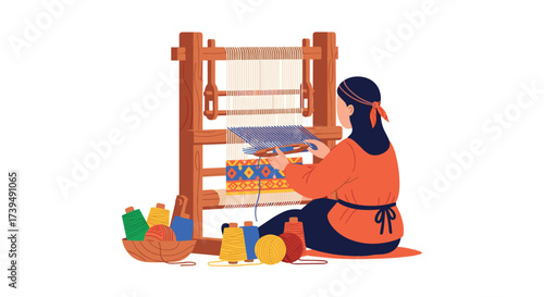 Woman weaving on a traditional loom with colorful threads.
