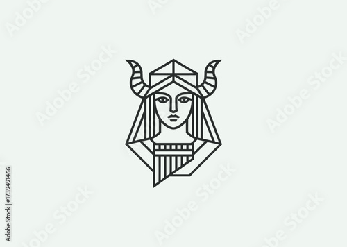 A geometric style line art logo of Pan goddess, symbolizing nature, music, and freedom