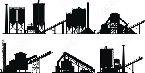Industrial facility silhouette, manufacturing plant vector, material storage building, conveyor belt system, refinery structure, heavy industry factory, warehouse plant, production site