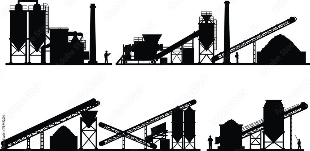 Fototapeta premium Industrial machinery silhouette, construction equipment vector, material processing plant, conveyor belt system, silo structure, heavy industry factory, warehouse facility, production site