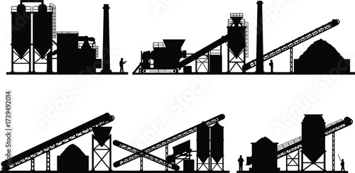 Industrial machinery silhouette, construction equipment vector, material processing plant, conveyor belt system, silo structure, heavy industry factory, warehouse facility, production site