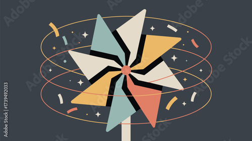 Colorful pinwheel with geometric shapes and confetti on a dark gray background illustration art