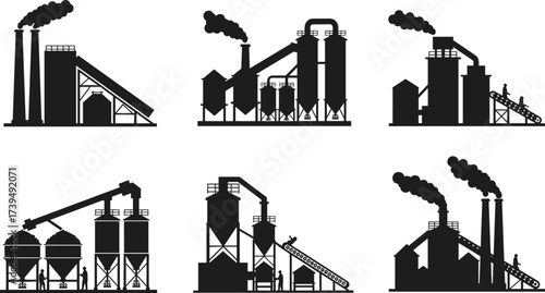 Industrial factory silhouette, manufacturing plant vector, refinery building design, smokestack facility, conveyor belt system, heavy industry factory, warehouse structure, production site