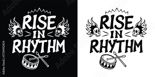 Text rise in rhythm with flaming skulls, drum, and drumsticks, black and white graphic