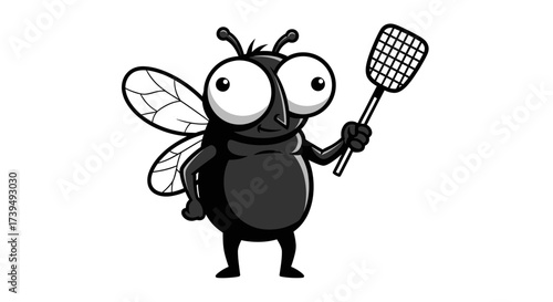 Cartoon fly character holding a fly swatter ready to swat annoying insect pests in house