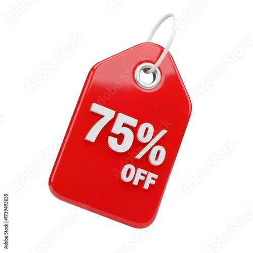 Red tag with 75 off text isolated on transparent background