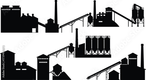 Industrial factory building silhouettes, manufacturing plant icons, refinery structures, warehouse illustration, power plant vector, black industry design, construction facility artwork