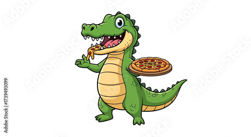 Cartoon alligator enthusiastically enjoys a slice of pizza and carries a full pizza pie for a