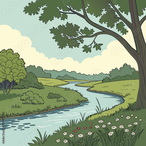 A serene cartoon landscape featuring a winding river flowing through lush green fields under a cloudy sky