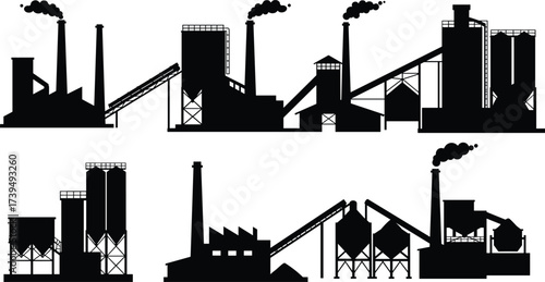 Industrial factory silhouettes, manufacturing plant vector, refinery buildings, warehouse illustration, power plant design, black industry icons, construction facility, urban production site artwork