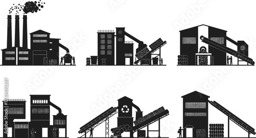 Industrial factory and recycling plant vector set, manufacturing facility icons, conveyor belt system, warehouse buildings, eco industry, waste management, production process illustration