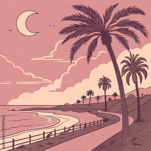 Serene coastal road lined with palm trees under a crescent moon and cloudy sky