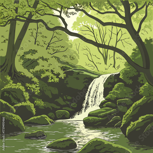 Serene forest waterfall cascading over mossy rocks into a clear stream with lush green trees