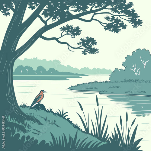 Serene lakeside scene with a bird perched on a rock under a large tree