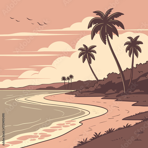 Serene tropical beach landscape with palm trees and gentle ocean waves under a cloudy sky